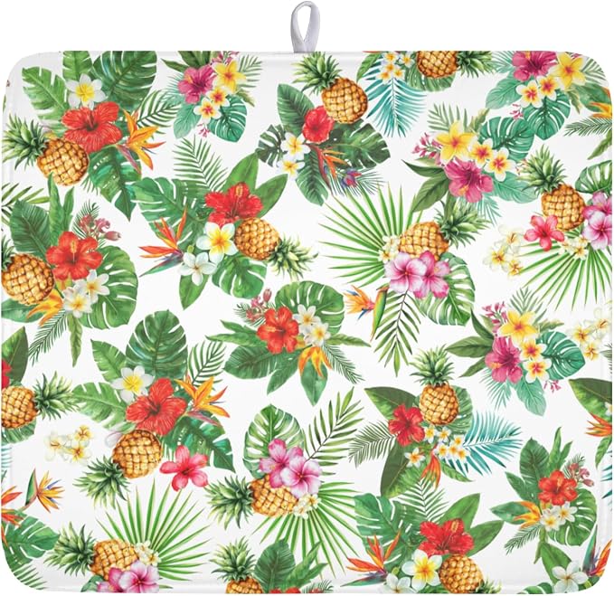 Summer Tropical Dish Drying Mat for Kitchen Counter Hawaii Palm Leaves Floral Pineapple Microfiber Dish Drainer Mat Rustic Absorbent Washable Drying Pad Extra Large 16"x18"