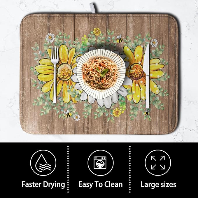 Rustic Daisy Floral Dish Drying Mat for Kitchen Counter Spring Summer Sunflower Dish Drying Mat Bee Absorbent Microfiber Dish Mat Reversible Dish Drainer Rack Mat Large 18x24 Inch