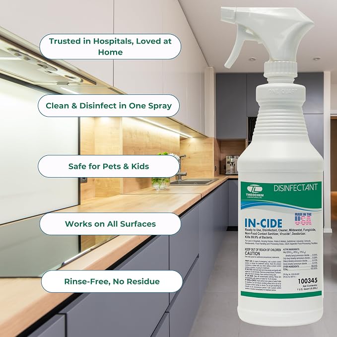 In-Cide EPA Registered Disinfectant Spray - Kills 99.9% of Germs, Mold, Mildew and MRSA - Multi-Surface Cleaner for Home, School & Hospital - Fresh Scent - 32 oz (2 Pack)