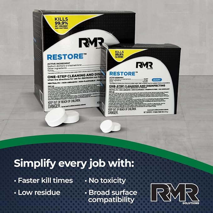 RMR Solutions RESTORE Disinfectant & Cleaner Concentrate, EPA Registered Mold Remover & Antibacterial Cleaning Solution for Kitchen, Bathroom, Floor, Home, Pet Areas, Counter, 3.34g, Makes 16 Quarts