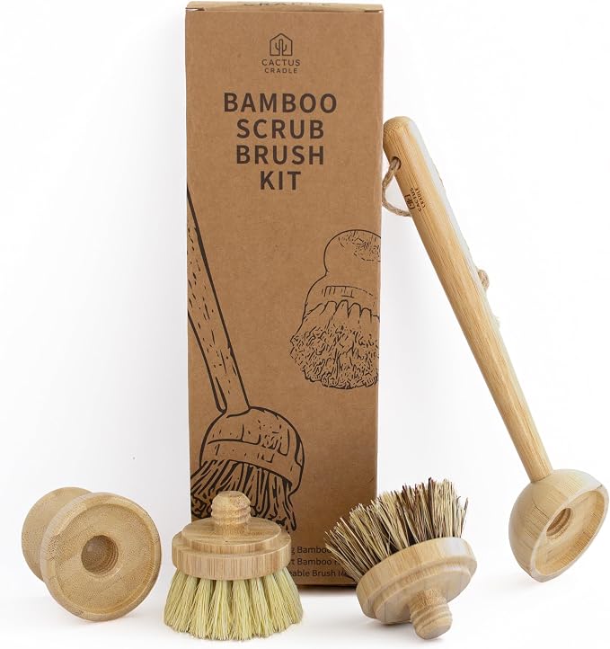 Cactus Cradle Bamboo Scrub Brush Set (4-Piece Kit) – Plastic-Free Kitchen Scrub Brushes with 2 Ergonomic Handles & 2 Interchangeable Plant-Based Bristle Heads | Non-Scratch Pot, Pan & Produce Cleaner