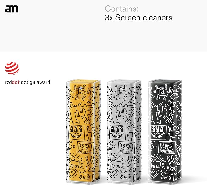 am Mist Screen Cleaner Spray, Microfiber Cloth – Alcohol-Free, Keith Haring | Mist screen cleaner with integrated microfiber cloth for phones, tablets, laptops, TVs and car displays.