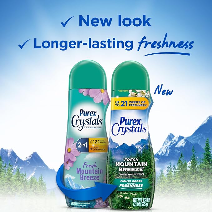 Purex Crystals In-Wash Scent Booster, Fresh Mountain Breeze, 21 oz (Pack of 4), Long-Lasting Freshness & Odor Elimination Technology