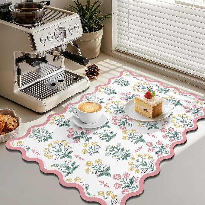 LOKHOM Scalloped Floral Dish Drying Mat, 18"x24" Super Absorbent Coffee Mat with Unique Pink Pastoral Floral, Cuttable Hide Stain Non-slip Drying Mat for Kitchen Counter Coffee Maker Espresso Machine