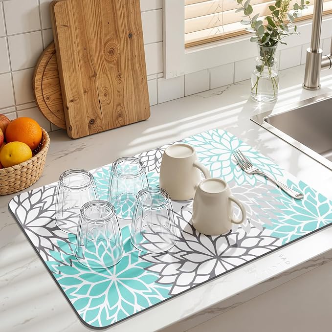 Findosom 2PCS 12" x 20" Dish Drying Mat & 24" x 5.5" Sink Splash Guard, Super Absorbent & Cuttable Dish Mat Drying Kitchen Mat with Teal Floral, Hide Stain Drying Mat for Kitchen Counter