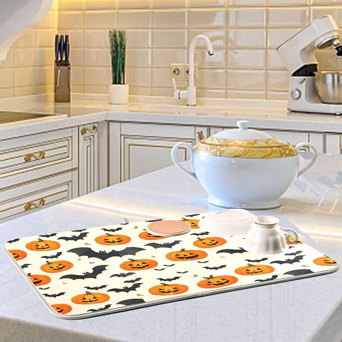Halloween Black Bat Dish Drying Mat for Kitchen Countertop 16x18 Spooky Evil Pumpkin Lantern Small Drying Mat Reusable Quick Dry Dish Sink Mats Easy Clean Decorative Essentials