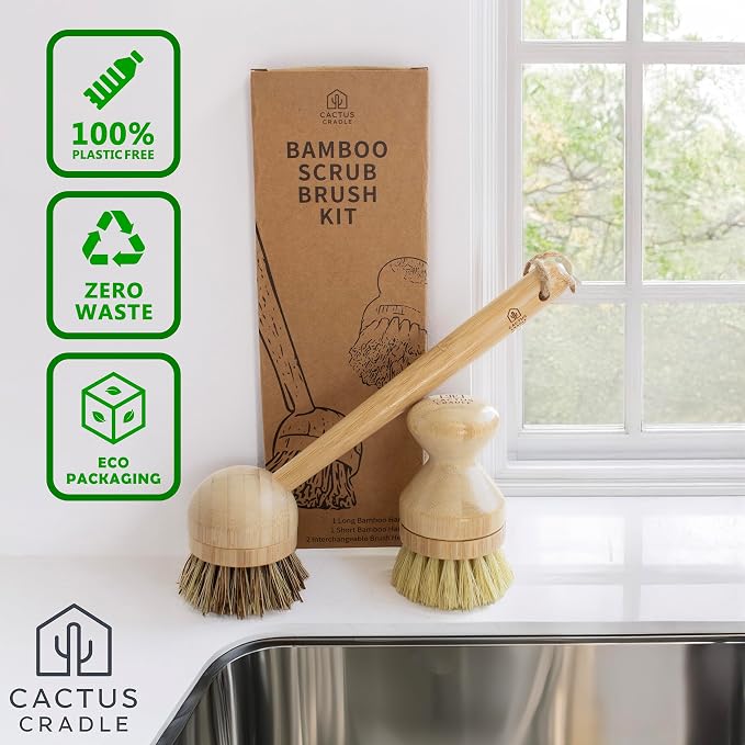 Cactus Cradle Bamboo Scrub Brush Set (4-Piece Kit) – Plastic-Free Kitchen Scrub Brushes with 2 Ergonomic Handles & 2 Interchangeable Plant-Based Bristle Heads | Non-Scratch Pot, Pan & Produce Cleaner