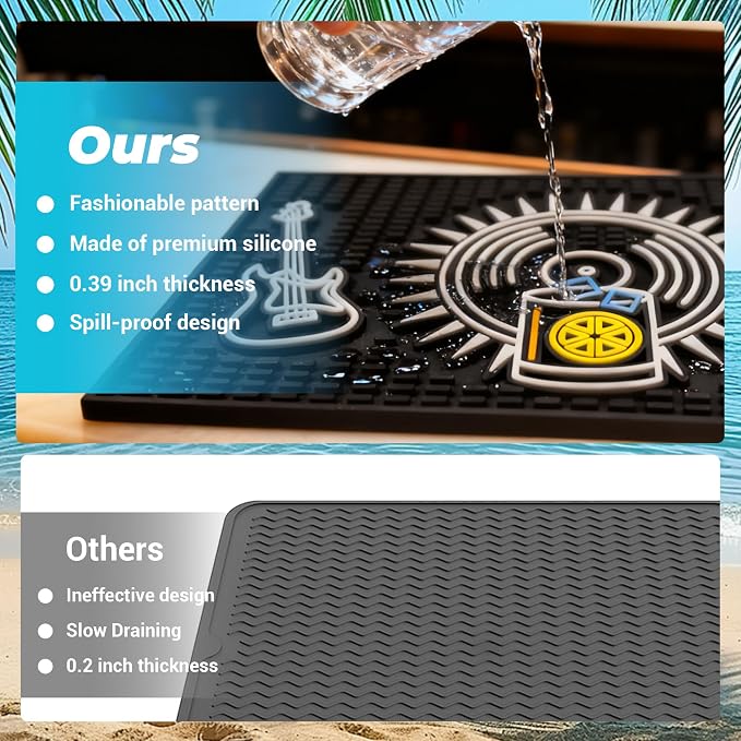 Neon Tiki Black Bar Mat 18 x 12 Inch - Thick Rubber Bar Mats for Countertop and Bartending - Professional Bar Spill Mat for Home Bar Accessories, Bar Cart Decor and Bartender Accessories （YLPD）