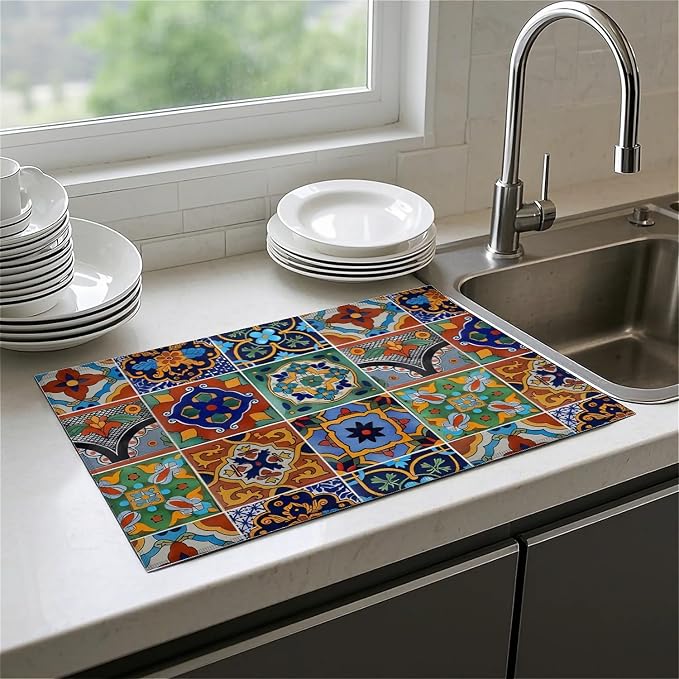 Talavera Mexican Tiles Dish Drying Mat For Kitchen Counter, Super Absorbent Microfiber Dish Drying Pad, Kitchen Gadgets For Easy Clean Multi-Use Large 18"x24"