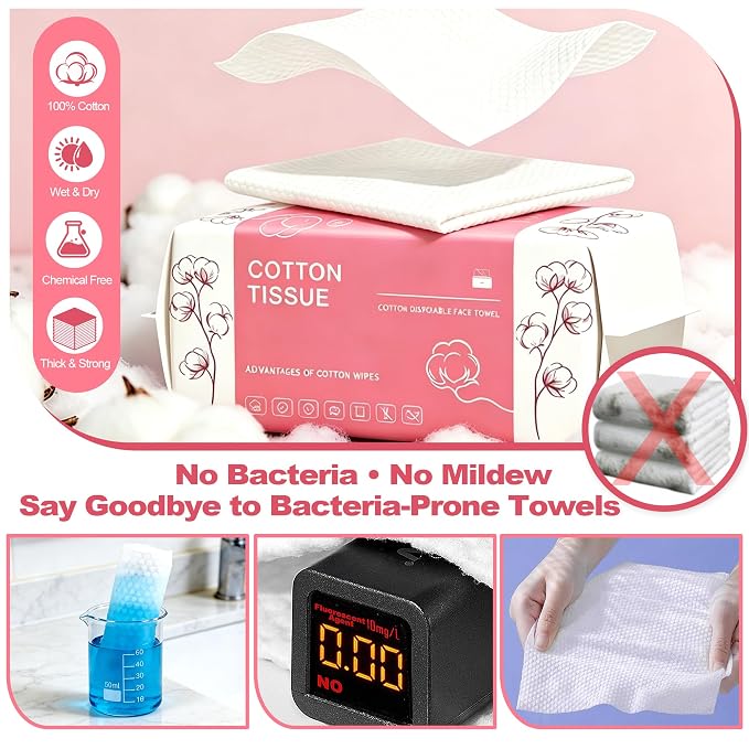 600 Count Disposable Face Towel, Dual-Textured Facial Wash Cloth | Ultra Thick Soft Cotton Disposable Washcloths for Washing & Drying, Facial Tissue for Cleansing, Skincare and Makeup Remover