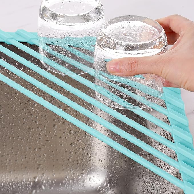 Tomorotec Compact Silicone-Coated Triangle Dish Drying Rack for Sink Corner - Foldable Stainless Steel Over-The-Sink Organizer and Storage Shelf (Mint Green)