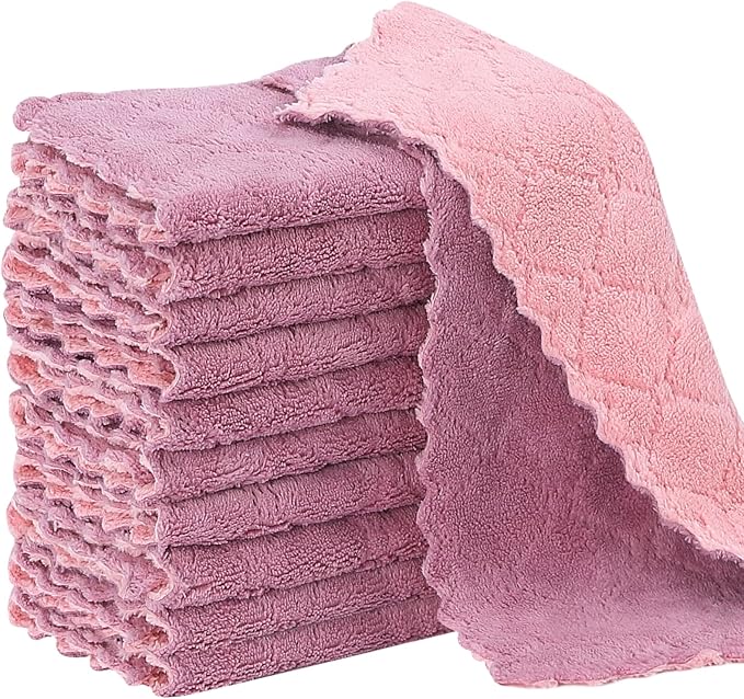 Rachan 11Pack Kitchen Dish Cloths, Reusable Dish Towels, Nonstick Oil Washable Fast Drying, Super Absorbent Coral Velvet Cleaning Cloths for Cleaning Tableware, Kitchen, Bathroom (Pink-purple10 x 6")