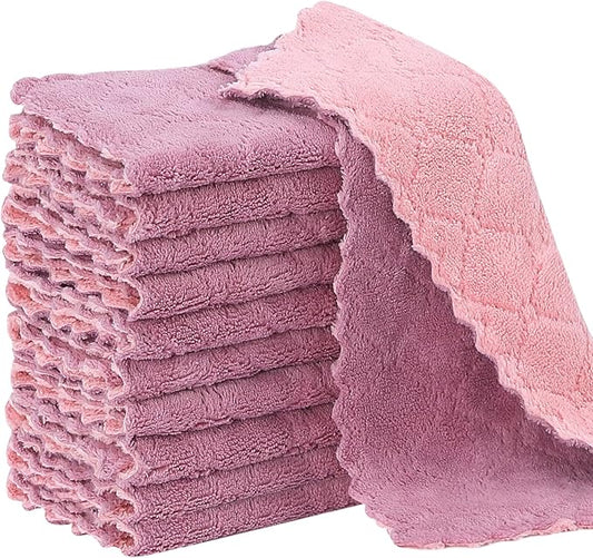 Rachan 11Pack Kitchen Dish Cloths, Reusable Dish Towels, Nonstick Oil Washable Fast Drying, Super Absorbent Coral Velvet Cleaning Cloths for Cleaning Tableware, Kitchen, Bathroom (Pink-purple10 x 6")