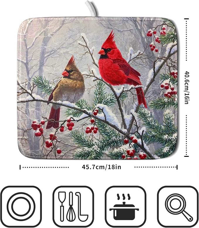 Red Bird Dish Drying Mat Merry Christmas Dishes Pad Absorbent Fast Dry Dish Drainer Mat Protector for Kitchen Counter 16 x 18 Inches
