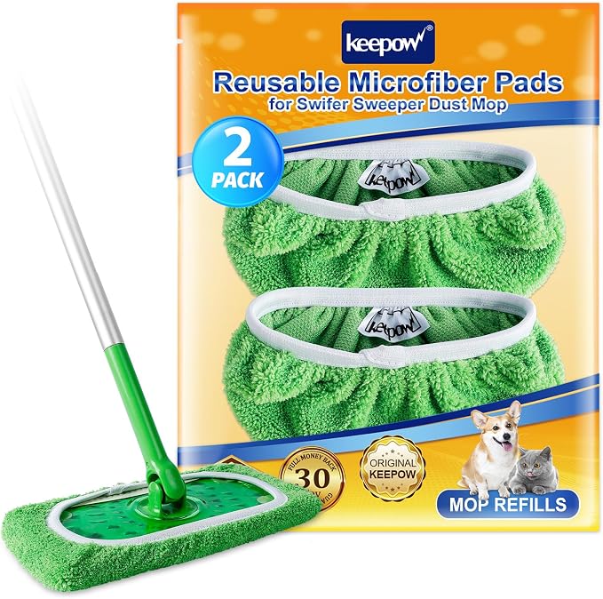 KEEPOW Reusable Microfiber Mop Pads for Swiffer Sweeper Mop, 2 Pack | Washable Wet Pad Refills for Wet & Dry Use, Microfiber Dry Sweeping Cloths for Hardwood Floor Cleaning