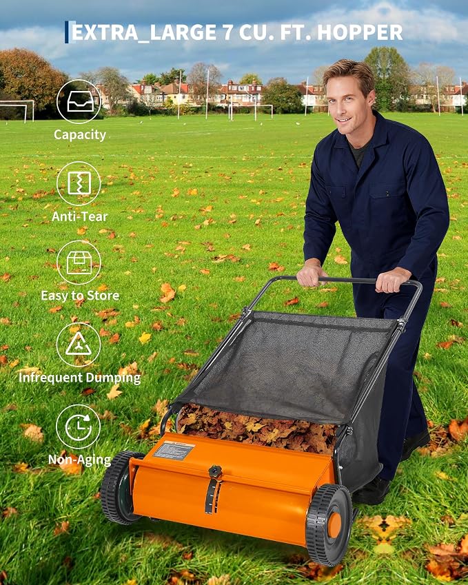 Garvee 26" Push Lawn Sweeper, Heavy Duty Walk Behind Leaf Collector | Yard Sweeper for Outdoor, Patio, Driveway, Garden Grass Sweepers, 4 High Speed Spinning Brush, 7 Cu. ft Hopper Capacity