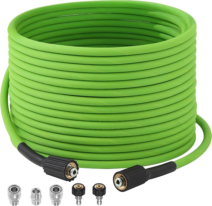 PWACCS Pressure Washer Hose 50 FT, 1/4" ID Steel Braided Power Washer Hose | M22-14mm Fittings, 4000 PSI High Pressure Wash Replacement Hose, Universal Adapter Kit, Green