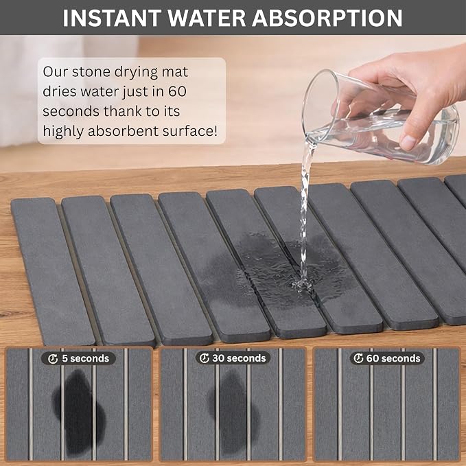 Stone Drying Mat for Kitchen Counter, 24"x16" Large Dark Gray Foldable Diatomaceous Earth Mat, Quick-Dry Super Absorbent Stone Dish Drying Mat for Dishes Bottles Cups