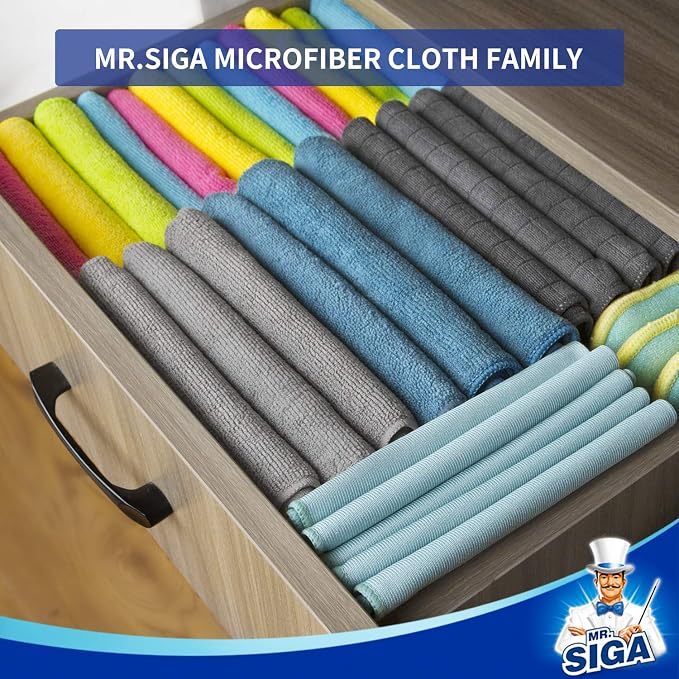 MR.SIGA Microfiber Cleaning Cloths, Streak Free Microfiber Towels, 12 Pack | Ultra absorbent and high density, reusable cleaning towels for kitchen, car, glass and household surfaces, color coded cloths