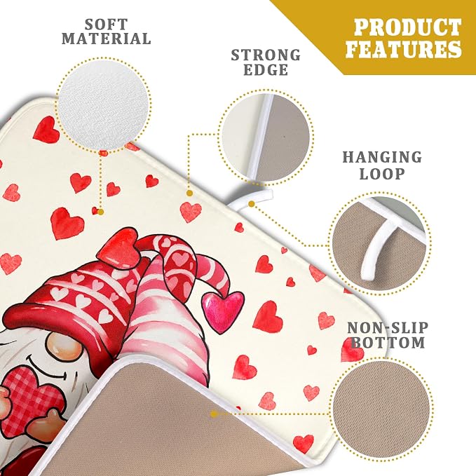 Love Gnome Dish Drying Mat 16"x18" Red Heart Microfiber Dish Drainer Rack Mat Holiday Absorbent Dishes Pad for Kitchen Counter Sink Decor