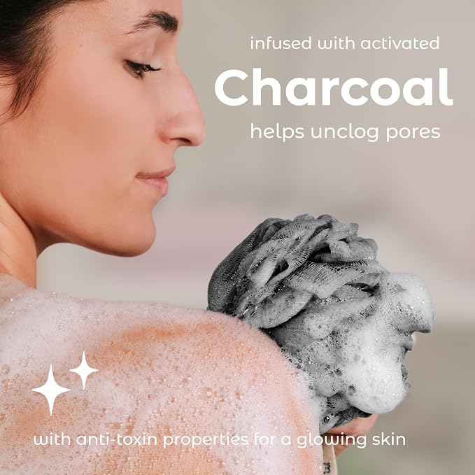 MainBasics Shower Loofah Sponge Pouf, Set of 3, Charcoal Infused | Soft Mesh Body Scrubber and Bath Sponge for Gentle Exfoliation, Rich Lather, and Everyday Shower Use