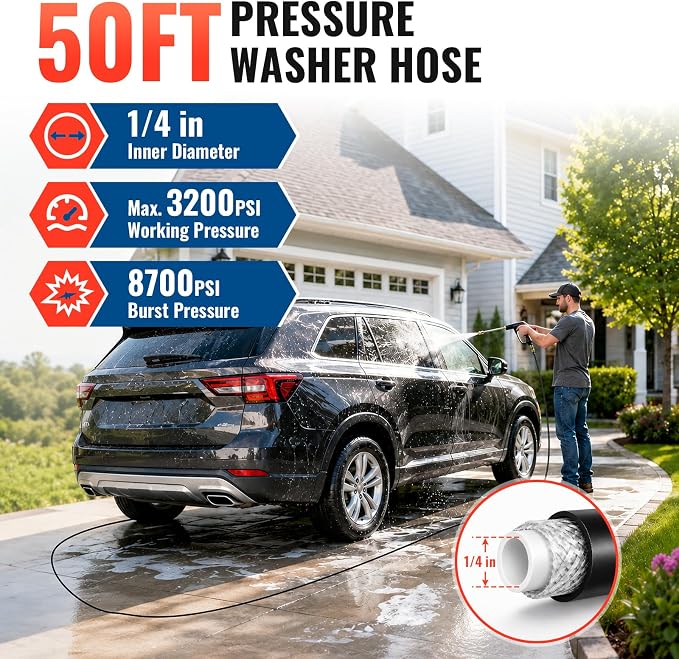 YAMATIC Kink-Resistant Pressure Washer Hose 50 FT 1/4", 3200 PSI M22-14mm | OEM-Upgraded Replacement Hose With M22-14mm Brass Female Fittings Fit Ryobi Troy-Bilt Greenworks Craftsman