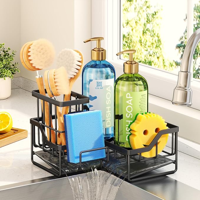 HapiRm Sponge Holder for Kitchen Sink - Rustproof L-Shaped Sink Caddy | Stainless Steel Kitchen Organizer for Sink Corner, Self-Draining 3-in-1 Dish Brush and Sponge Storage, Space-Saving - Black