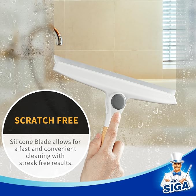 MR.SIGA Silicone Squeegee for Shower Door, Mirror, Glass, 10 inch, White | Streak free shower squeegee for windows, showers and glass surfaces, pivoting bamboo handle, includes 1 suction hook
