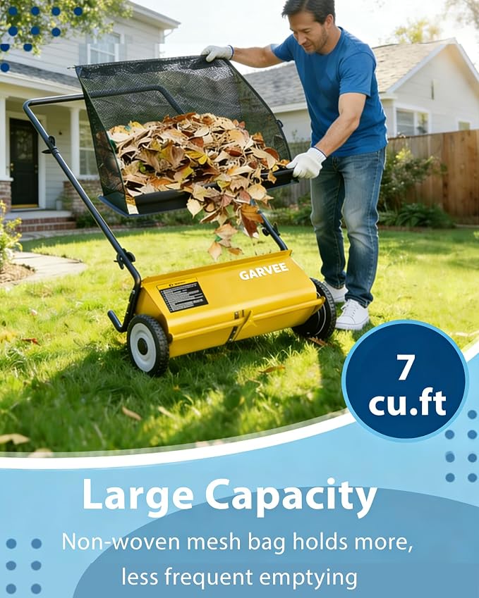Garvee Push Lawn Sweeper,26-Inch Width Enhanced 4-Brush System with Large 7 cu. ft. Hopper Bag, Ideal for Yard and Garden Cleanup, Yellow | Brush Height Adjustment, All-Terrain Suitable, 7 cu.ft Hopper Bag, Durable Steel Frame, Easy Setup, Compact & Sp...
