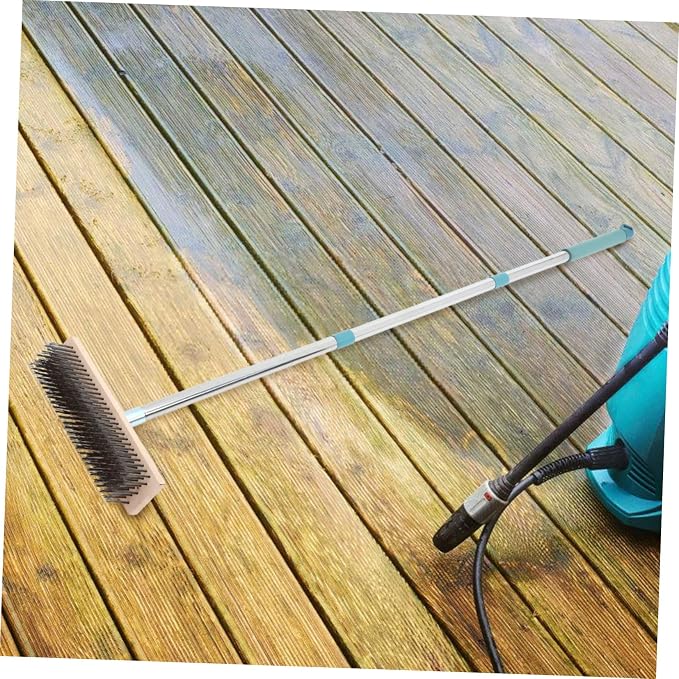 PRETYZOOM Heavy Duty Stainless Steel Scrub Brush with Pole for Tough Outdoor Cleaning for Decks Patios and Concrete Ergonomic Design for Comfortable Use
