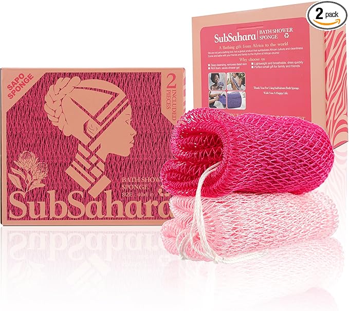 SubSahara Authentic African Net Sponge - 2 Pack Exfoliating Bath & Shower Loofah Sponge for Body & Face, Gentle Scrubber for All Skin Types, Travel, Durable (Dark Pink & Light Pink)