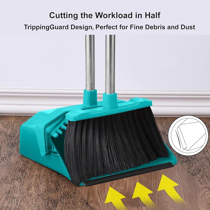Broom and Dustpan Set for Home, 51" Long Handle Standing Dustpan Blue | Self-Cleaning Dust Pan and Brooms, ZeroGap Lip, Upright Storage Broom Combo for Kitchen Lobby Office Restaurant Indoor