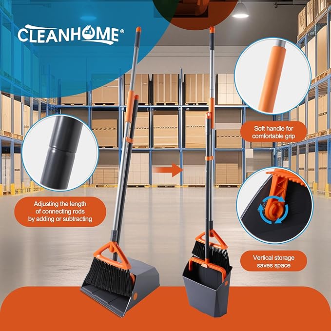 CLEANHOME Heavy Duty Outdoor Broom and Dustpan Set with Long Handle | Long Handle, Standing Dustpan & Split-End Bristles for Patio, Garage, Deck, Leaves Debris Cleaning