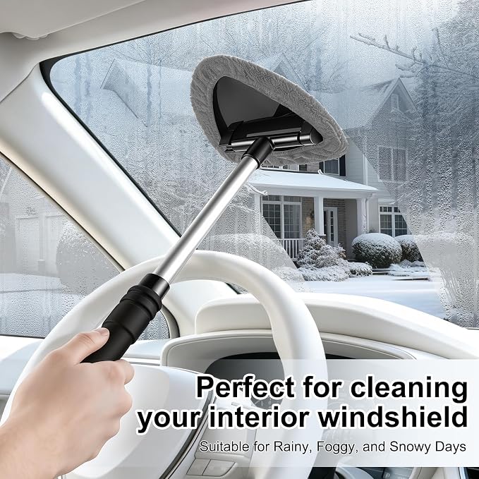 JUSTTOP Windshield Cleaner Tool, Car Interior and Exterior Window Cleaning Kit with Extendable Handle & 4 Reusable Microfiber Pads, Auto Glass Wiper Brush Kit for Car & Home Windows (Grey)
