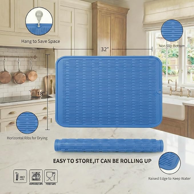 MicoYang Silicone Dish Drying Mat for Multiple Usage,Easy clean,Eco-friendly,Heat-resistant Silicone Mat for Kitchen Counter or Sink,Refrigerator or Drawer Liner Lichen BlueL 4XL 32 inches x 18 inches