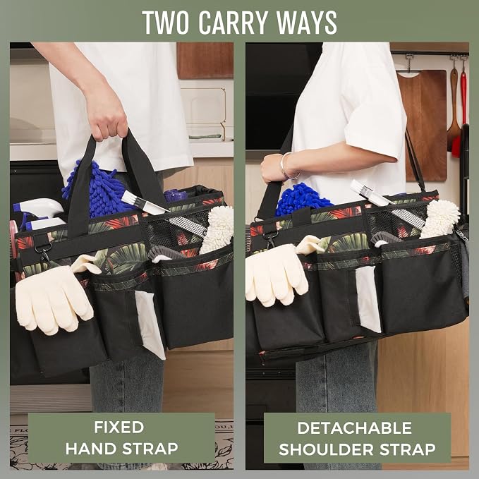 SCAVATA Wearable Cleaning Caddy, Cleaning Caddy Supplies Organizer with Handle & Shoulder Straps for Housekeepers, Under Sink & Car Cleaning Tool Organizers Bag with 4 Foldable Divider (GreenBush)