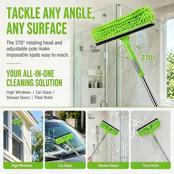 2-in-1 Window Cleaner Tool, 68'' Squeegee for Window Cleaning | Extension Pole, Scrubber with Rotating Head, Streak-Free Squeegee, Thickened Stainless Steel, In/Outdoor Washing Equipment
