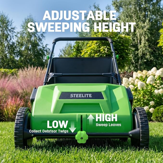 STEELITE 21inch Leaf & Grass Collector, Push Lawn Sweeper for Grass Clippings, Leaves & Debris, Manual Push Yard Sweeper with Height Adjustment & Large Collection Hopper