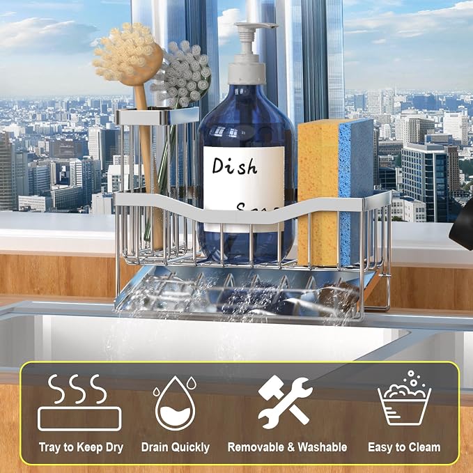 Fssvcd Maifan Sink Caddy Sponge Holder for Kitchen with Brush Holder and Stainless Steel Self Drain Tray, Rustproof Kitchen Sink Organizer for Sponge, Soap Dispenser Storage Accessories