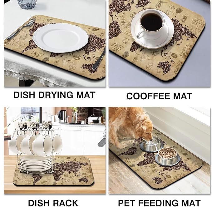 Coffee Bar Mat Accessories for Countertop - Super Absorbent Anti-Slip Silicone Flower Dish Drying Mats for Kitchen Counter - Draining Pad Decor Gift - Fit Coffee Maker, Espresso Machine - 24inx18in