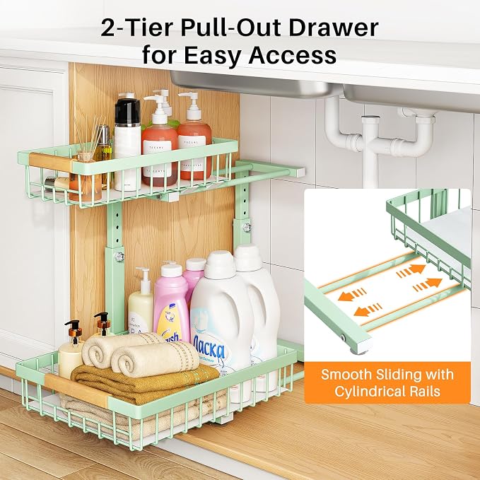 PXRACK Under Sink Organizer, Adjustable Height, 2 Tier Pull Out Under Cabinet Organizer, Slide Out Thickened Metal Under Sink Storage for Kitchen Bathroom Laundry Pantry Cabinet, Green, Large-2-Pack
