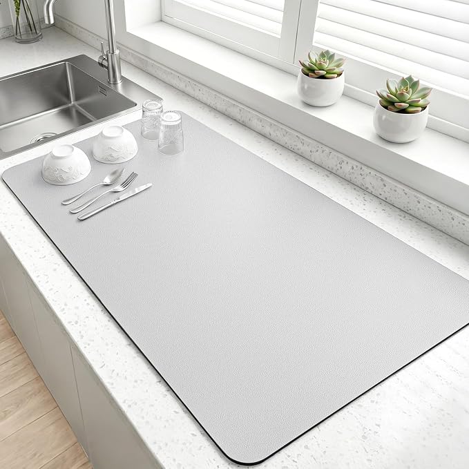 LOPNUR Kitchen Dish Drying Mat, 31.5"x17" Dish Drying Mats for Kitchen Counter, Diatomite Coffee Mat, Super Absorbent Dish Drying Pad, Heat Resistant Mat with Anti-slip Rubber Backed, Light Grey