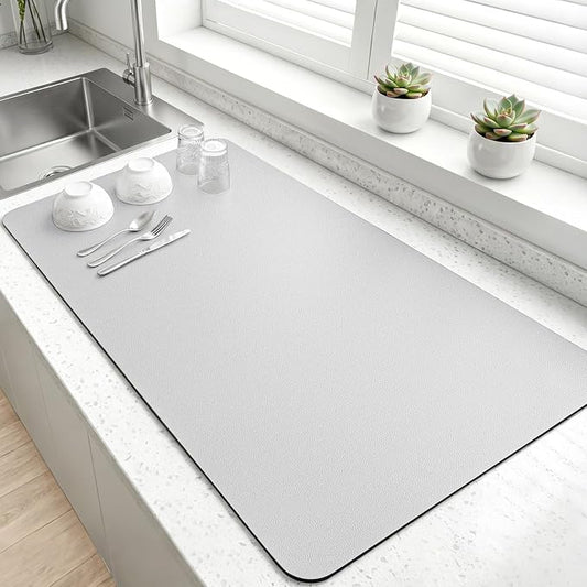 LOPNUR Kitchen Dish Drying Mat, 31.5"x17" Dish Drying Mats for Kitchen Counter, Diatomite Coffee Mat, Super Absorbent Dish Drying Pad, Heat Resistant Mat with Anti-slip Rubber Backed, Light Grey
