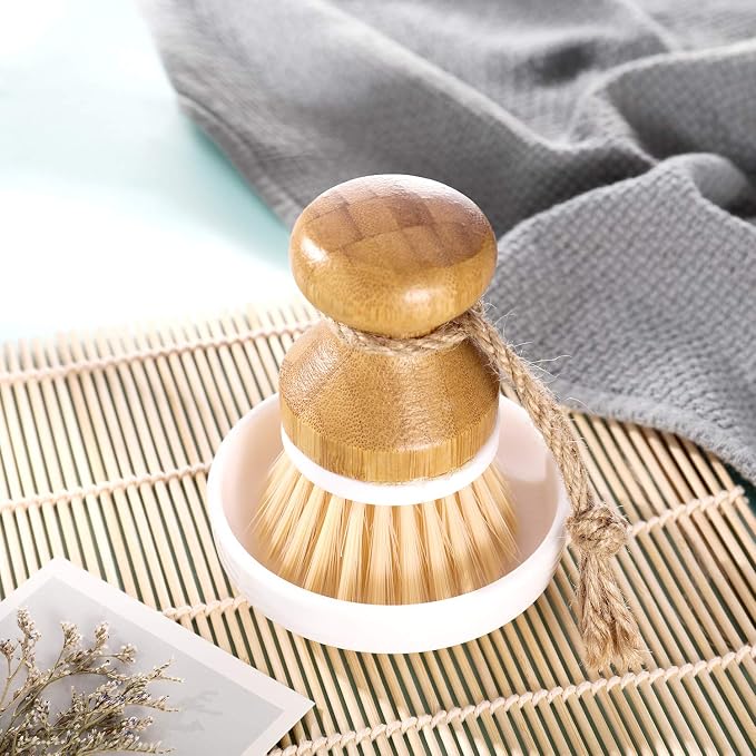 Boao 3 Pieces Bamboo Dish Scrub Brush and 1 Holder Natural Wooden Kitchen Cleaning Scrubbers Durable Bamboo Palm Household Pot Scrubber Brush for Dishes Pots Pans Kitchen Sink Cleaning