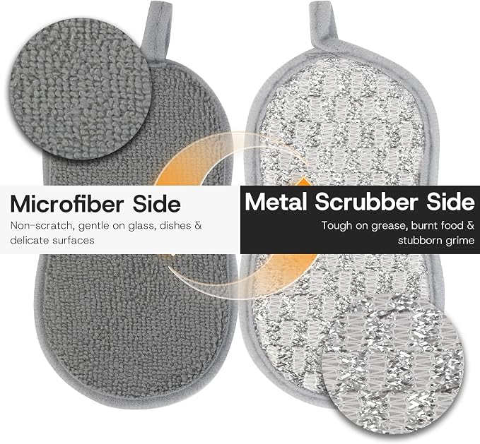 Multi-Purpose Scrub Kitchen Sponges – 12 Pack Dish Sponge, Dual-Sided Non-Scratch Microfiber & Metal Scrubber, Reusable Sponges for Dishes, Pots, Glass, Sink, Stovetop & Bathroom (Gray)
