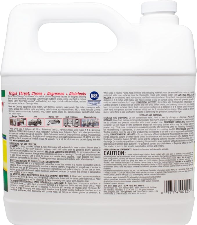 Spray Nine 26801 Heavy Duty Cleaner, Degreaser & Disinfectant for Home, Yard Equipment, Automotive & More - Refill for Spray Bottle 1 Gallon (Pack of 1)