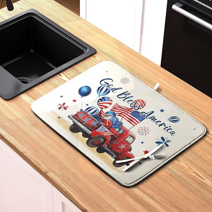 4th of July Drying Mat for Kitchen Counter 18 x 24 Inch US Independence Day Patriotic Truck Dish Drying Mat Polyester American Flag Dish Drainer Mat Super Absorbent Dish Rack Pad for Coffee Bar Sinks