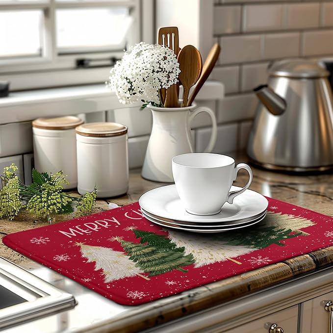 Merry Christmas Dish Drying Mat for Kitchen Counter 18x24 Inch Red Xmas Tree Snowflakes Drying Pad Winter Holiday Absorbent Microfiber Dish Draining Reversible Dish Drainer Rack Mat