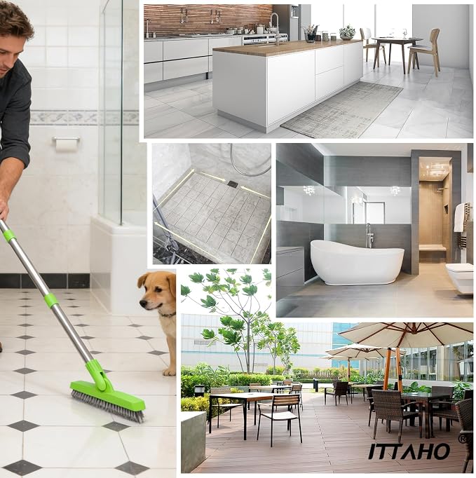 2 Pack Grout Brush with Long Handle, Swivel Cleaning Grout Line Scrubber - Durable Handle Grout Cleaner Brush for Bathroom,Tile,Baseboard,Walk in Shower,Corner & Narrow Space (Green)
