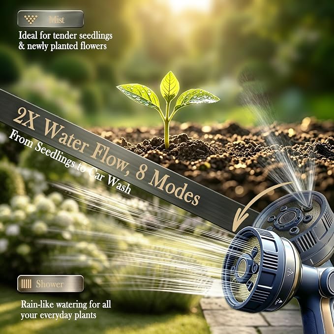 Garden Hose Nozzle Heavy Duty Metal Water Hose Sprayer | Heavy Duty Metal Spray Nozzle With Thumb Control. Japanese-style Design & 8 Spray Patterns For Different Blooming Seasons